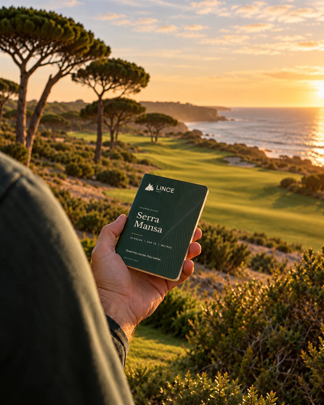A golfer holds a Lince Golf pocket guide above a seaside course with umbrella pines at sunset