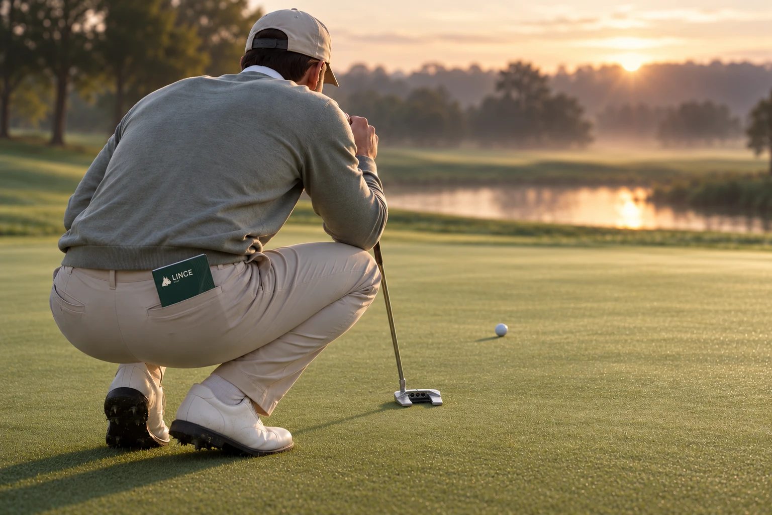 A golfer crouches to read a putt at dawn, a pocket guide in his back pocket