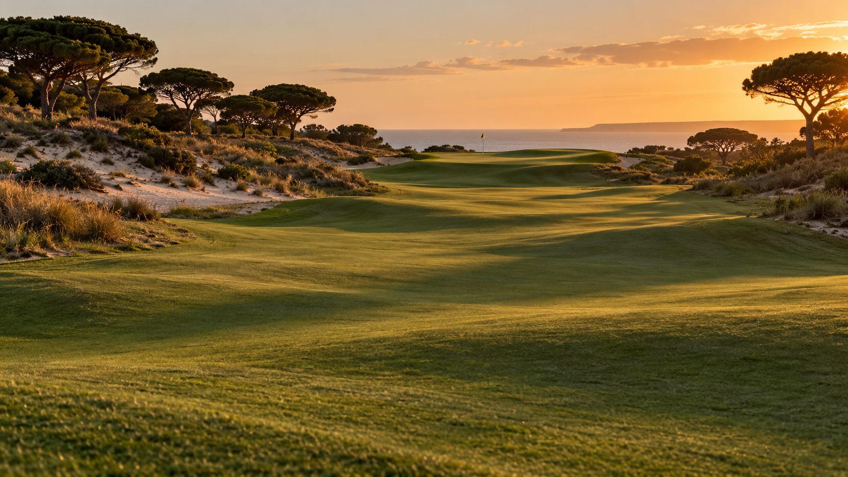 A rolling fairway between dunes and umbrella pines at sunset, the flag on a raised green by the sea
