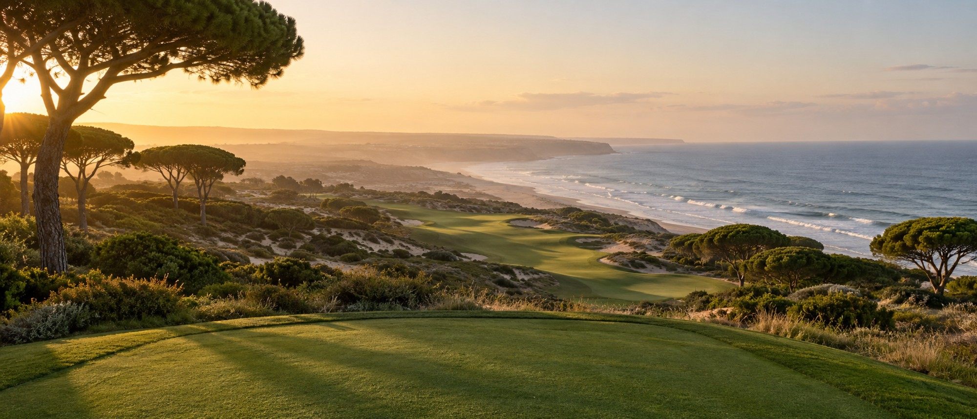 View from a raised tee over a fairway between dunes and umbrella pines, the sea at sunset